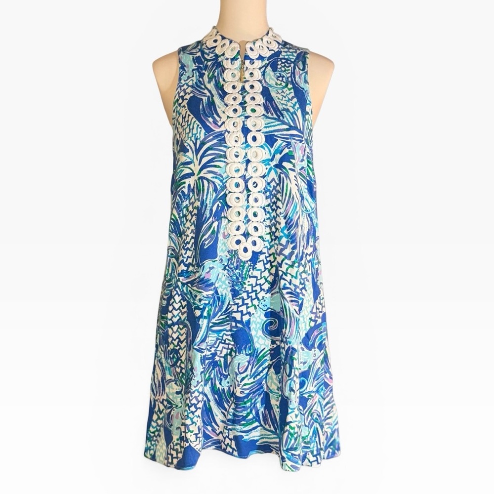 Lilly Pulitzer Jane Blue & Green Retro Size 6 Mod Dress White Trim Gold Zipper - Picture 2 of 9